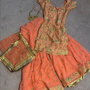 Elegant Coral and Gold Embroidered Dress Set